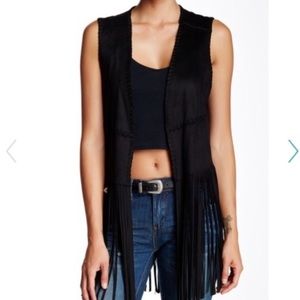 BLANKNYC Boho Black Faux Suede Whipstitched Fringe Vest